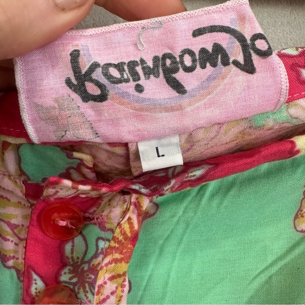 Vintage Rainbow Jo Tropical Floral Pink & Mint Pants Sz L Beaded Button Hawaiian - Picture 7 of 15